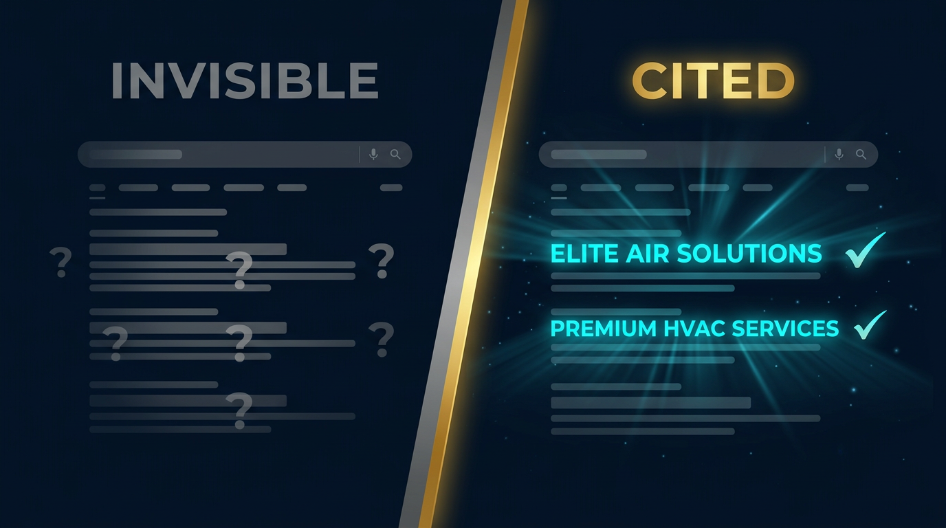 Split comparison: an invisible plumbing contractor on the left, a cited and recommended company on the right